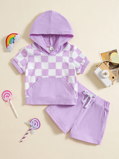 Girls' Plaid Colorblock T-shirt Hooded Shorts Two-piece Set