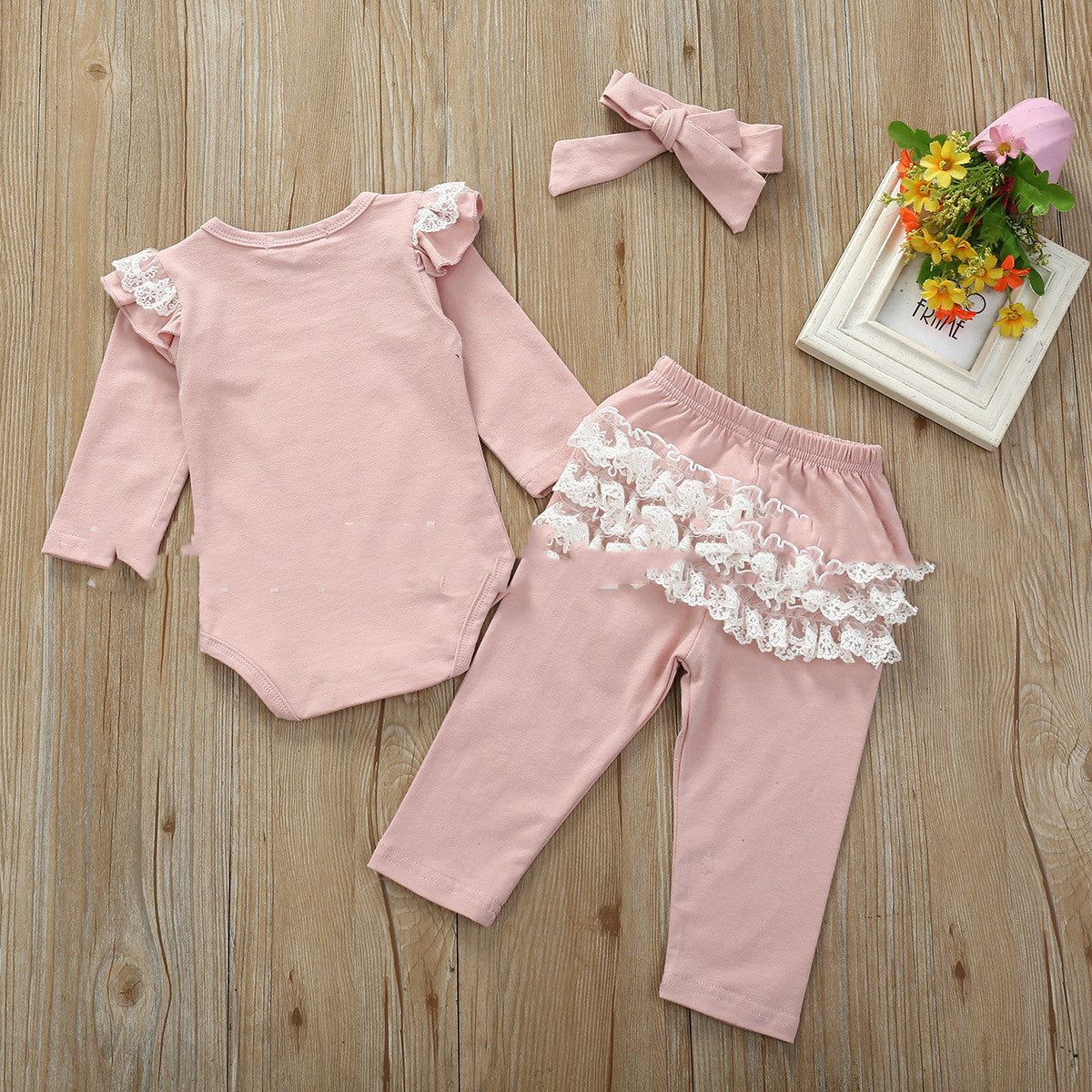Infant And Toddler Cotton Lace Long-sleeved Harness Lace Long Pants Set