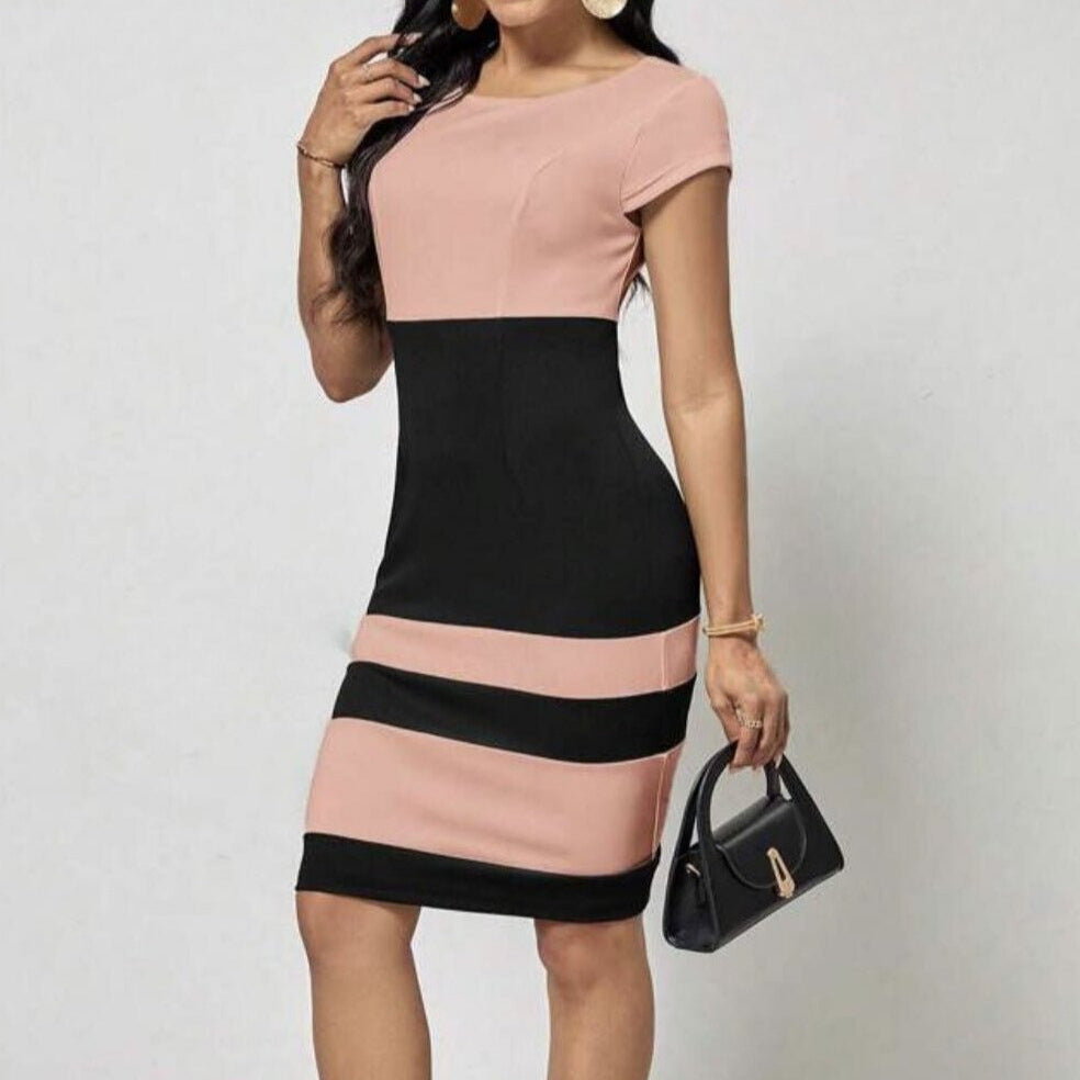 High Waist Slim Fit Contrast-color Sheath Dress Women