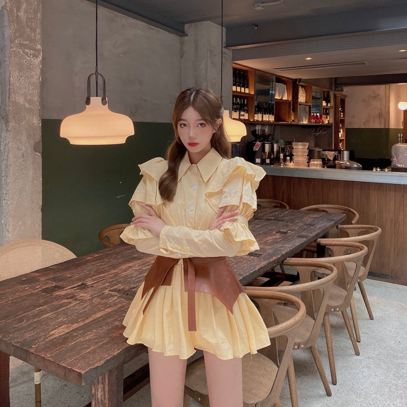 Yellow puff sleeve shirt waist dress