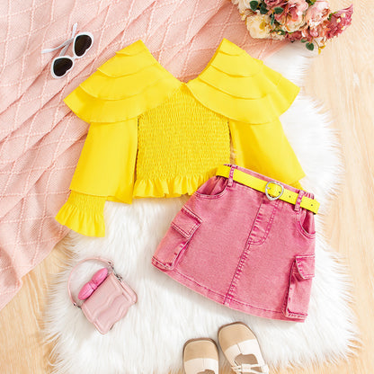 Autumn Shawl Long-sleeved Olive Top Denim Skirt Outfit Belt