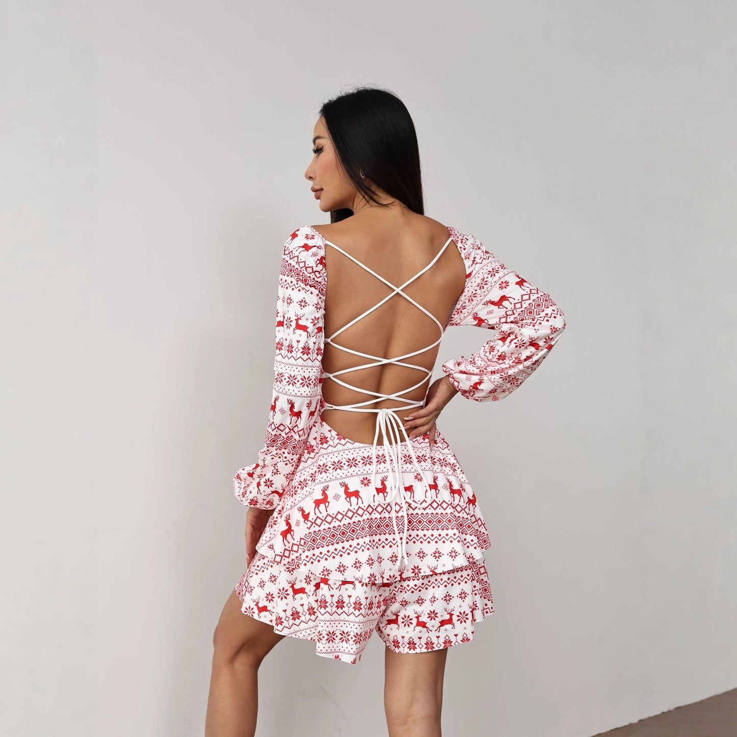 New Christmas Elk Printing Drawstring Backless Long Sleeves Dress