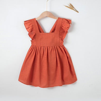 Girls' Cotton And Linen Bowknot Wooden Ear Embroidery Dress