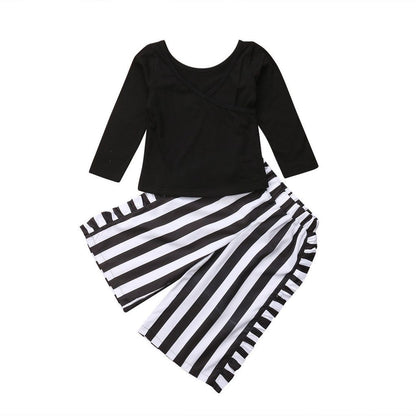 Girls new children's fashion tide black short T + striped fungus wide leg pants