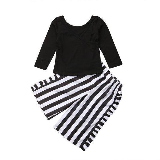 Girls new children's fashion tide black short T + striped fungus wide leg pants