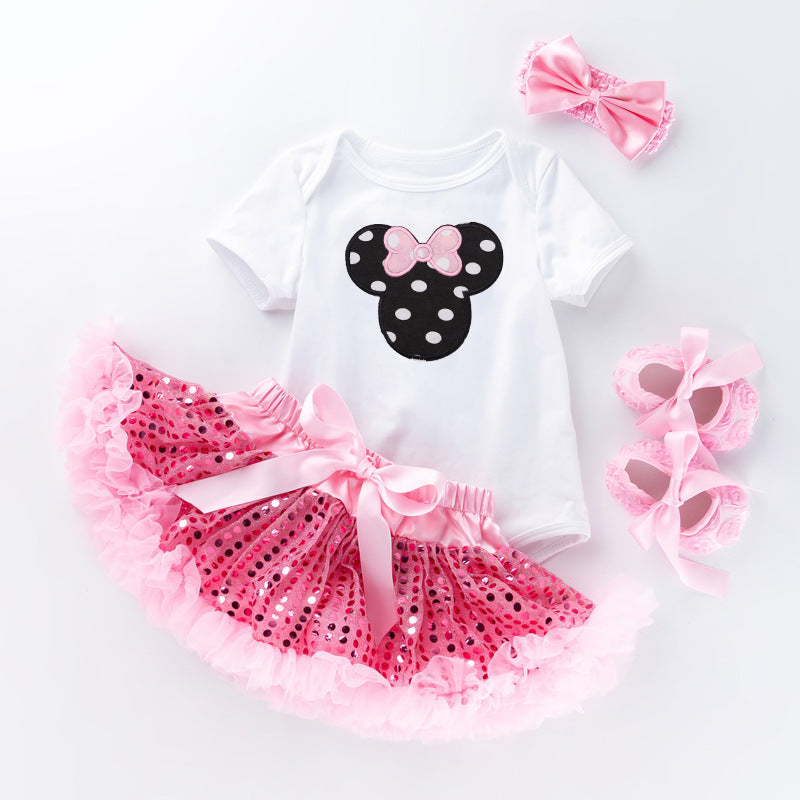 Pink sequined tutu skirt short sleeve high quality cotton romper