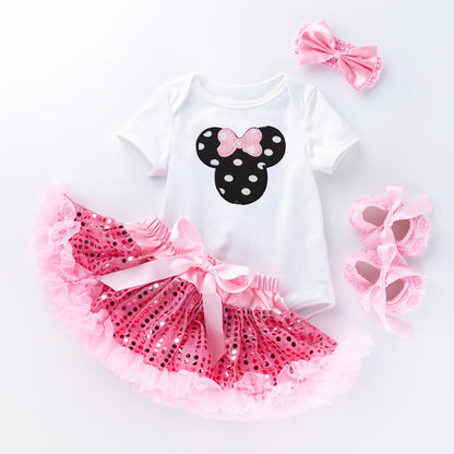 Pink sequined tutu skirt short sleeve high quality cotton romper