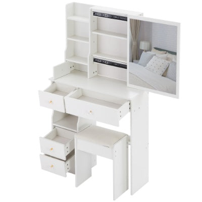 29.2 Small Space Left Drawer Desktop Vanity Table  Cushioned Stool, Extra Large Right Sliding Mirror, Multi Layer High Capacity Storage, Practical Fashionable Dresser, Suitable For Small Space