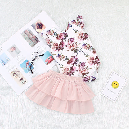 Girls Flying Sleeve Print Short Sleeve Suit