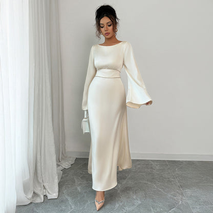 Elegant Graceful Style Waist Solid Color Long Sleeve Dress