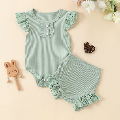 Girls' Flounced Sleeve Buttons Sunken Stripe Cotton Shorts Suit