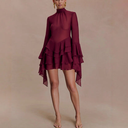 New Elegant Temperament Trumpet Sleeve Sexy Chiffon Dress