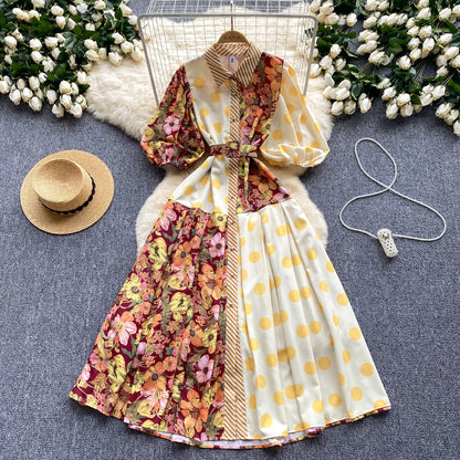 Women's Vintage Court Printed Lantern Sleeve Dress