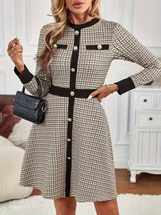 Knitted Houndstooth Button-up Long Sleeve Dress