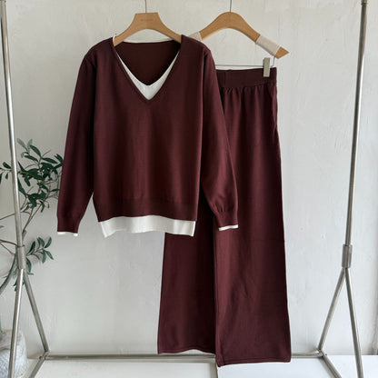 Autumn Winter Retro Fake Two-piece V-neck Fashion Knitwear Top