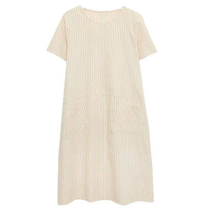 Literary Loose Striped Cotton And Linen Round Neck Short-sleeved Dress For Women