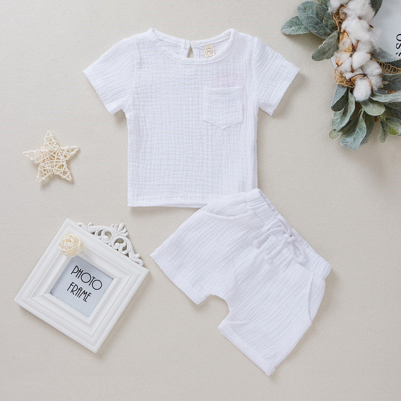Two Piece Cotton Double Crepe Short Sleeved Shorts