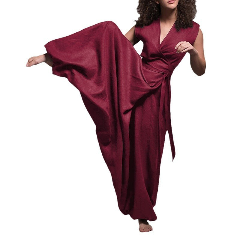 Summer V-neck Wide Leg Solid Color Straight Jumpsuit For Women