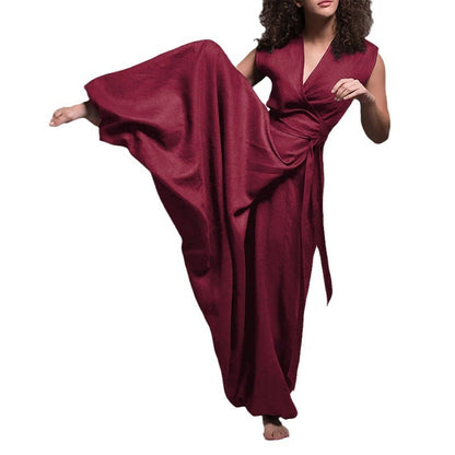 Summer V-neck Wide Leg Solid Color Straight Jumpsuit For Women