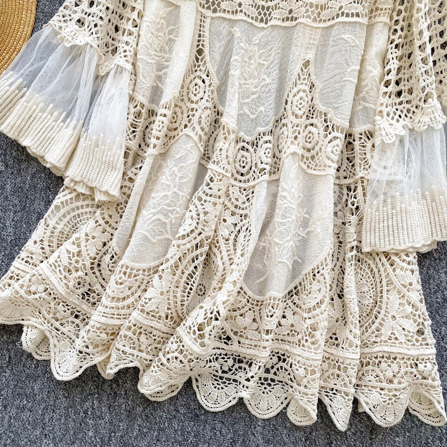 Retro Knitted Loose Hollow-out Crocheted Design Stitching Temperament Short Midi Skirt