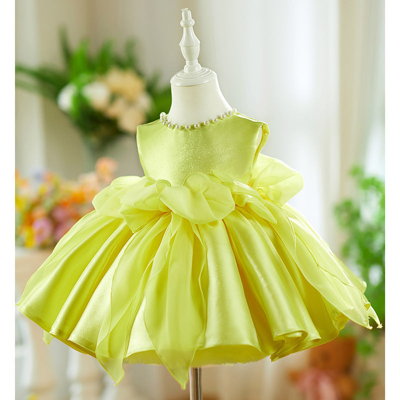 Yellow Mixed Satin Pearl Heavy Industry Pettiskirt Baby Birthday Party Dress