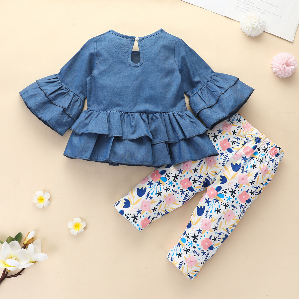 Girls Flare Sleeve Top Printed Trousers Blue