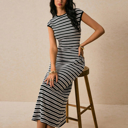 Striped Knitted Dress Slim Fit Slimming Elegance Sleeveless