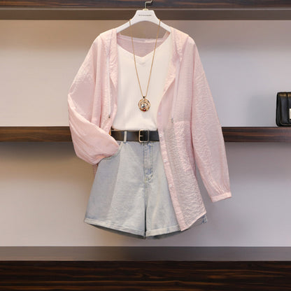 Retro New Age-reducing Sunscreen Shirt Denim Shorts Two-piece Suit