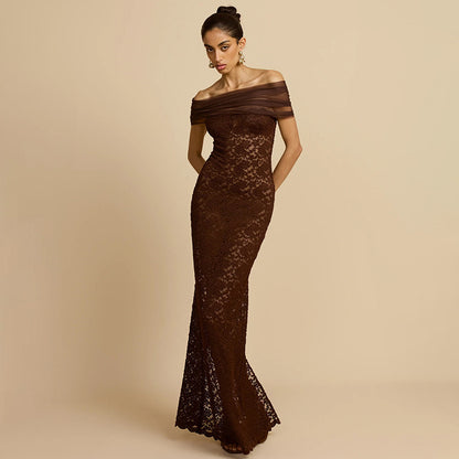 Women's Off-shoulder See-through Sexy Lace Split Slim-fit Sheath Dress