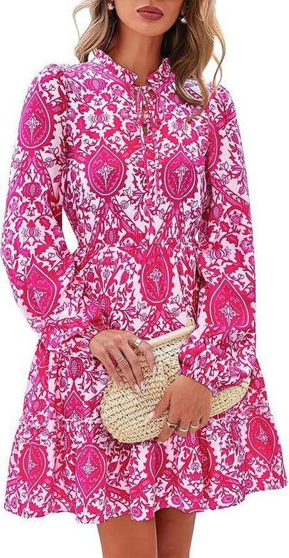 Elegant V-neck Flower Lace-up Long Sleeve Dress