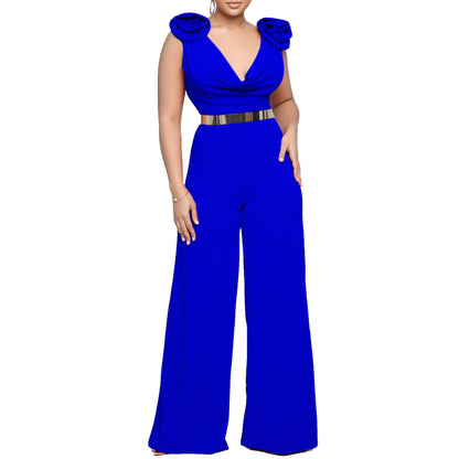 New Fashion V-neck Solid Color Turtleneck Sleeveless Fitted Waist Jumpsuit
