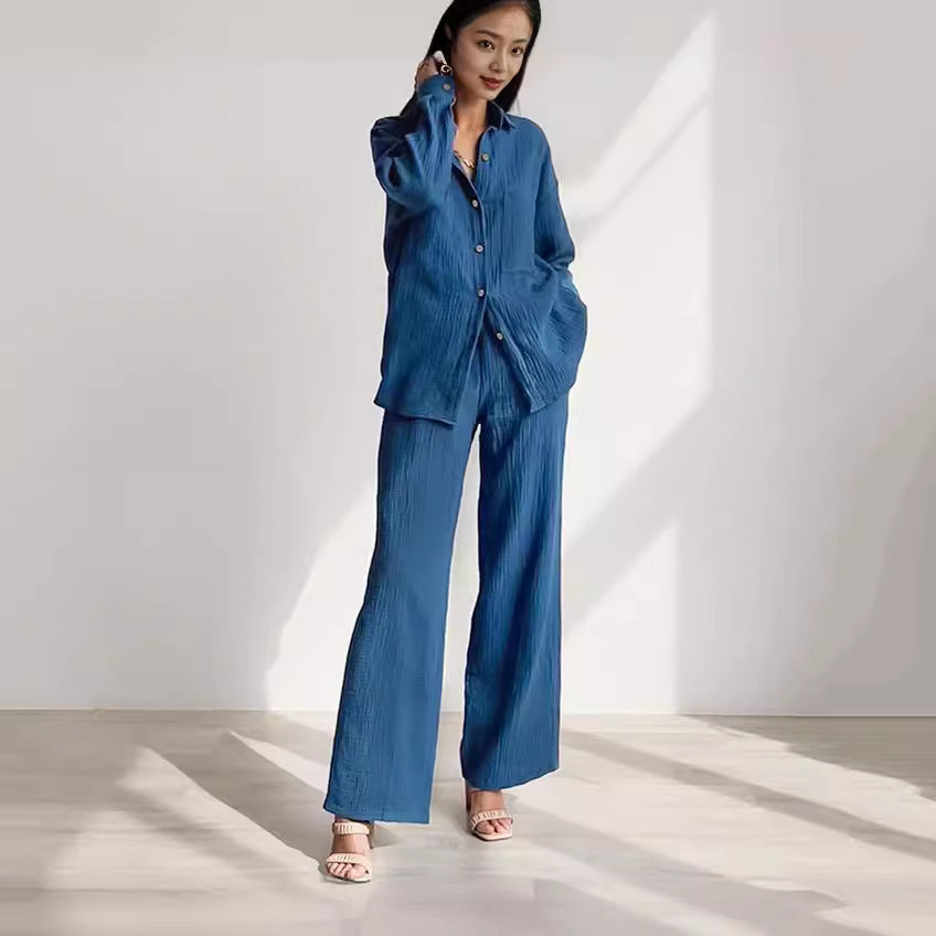 Loose Elastic Wrinkle Long Sleeve Shirt Wide Leg Pants Casual Suit