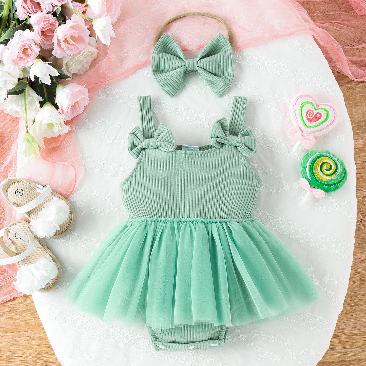 Infant Sleeveless Baby Girl Sunken Stripe Solid Color Gauze Skirt Triangle Rompers Bow Headband
