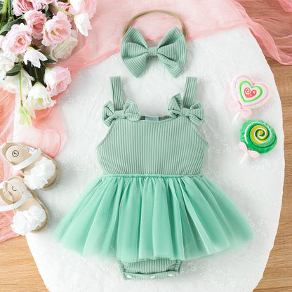 Infant Sleeveless Baby Girl Sunken Stripe Solid Color Gauze Skirt Triangle Rompers Bow Headband