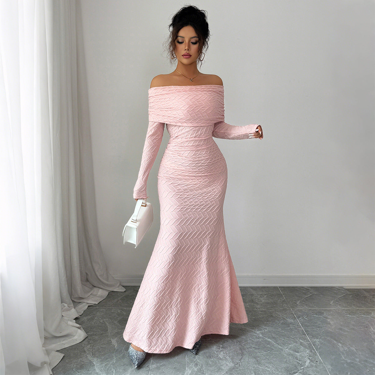 Elegant Simple Off-shoulder Long Sleeve Dress Women's Clothing
