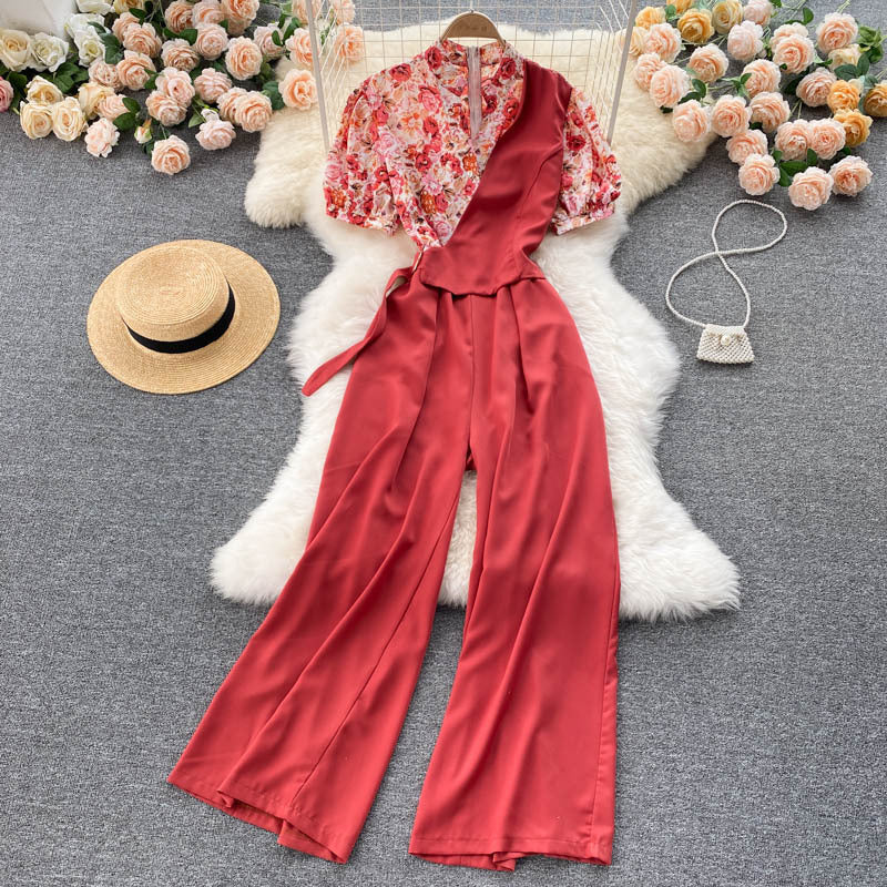 Fake Two Pieces Of Western Style V-neck High Waist Slimming Drape Wide-leg Jumpsuit Women