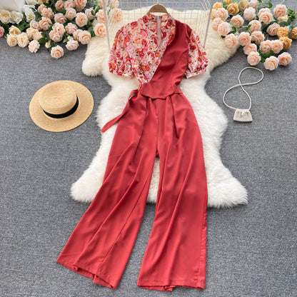 Fake Two Pieces Of Western Style V-neck High Waist Slimming Drape Wide-leg Jumpsuit Women