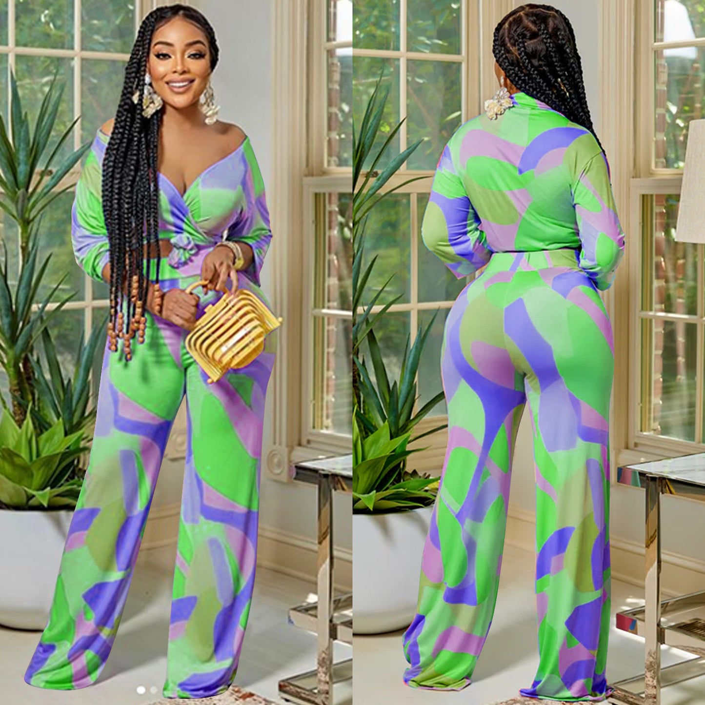 Women's Wear Irregular Pattern Long-sleeved Trousers V-neck Two-piece Suit