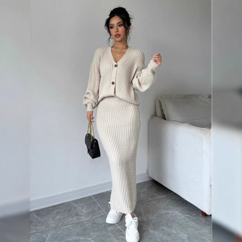 2-piece Set Women's Solid Color Casual Long Sleeves Sweater And Skirt