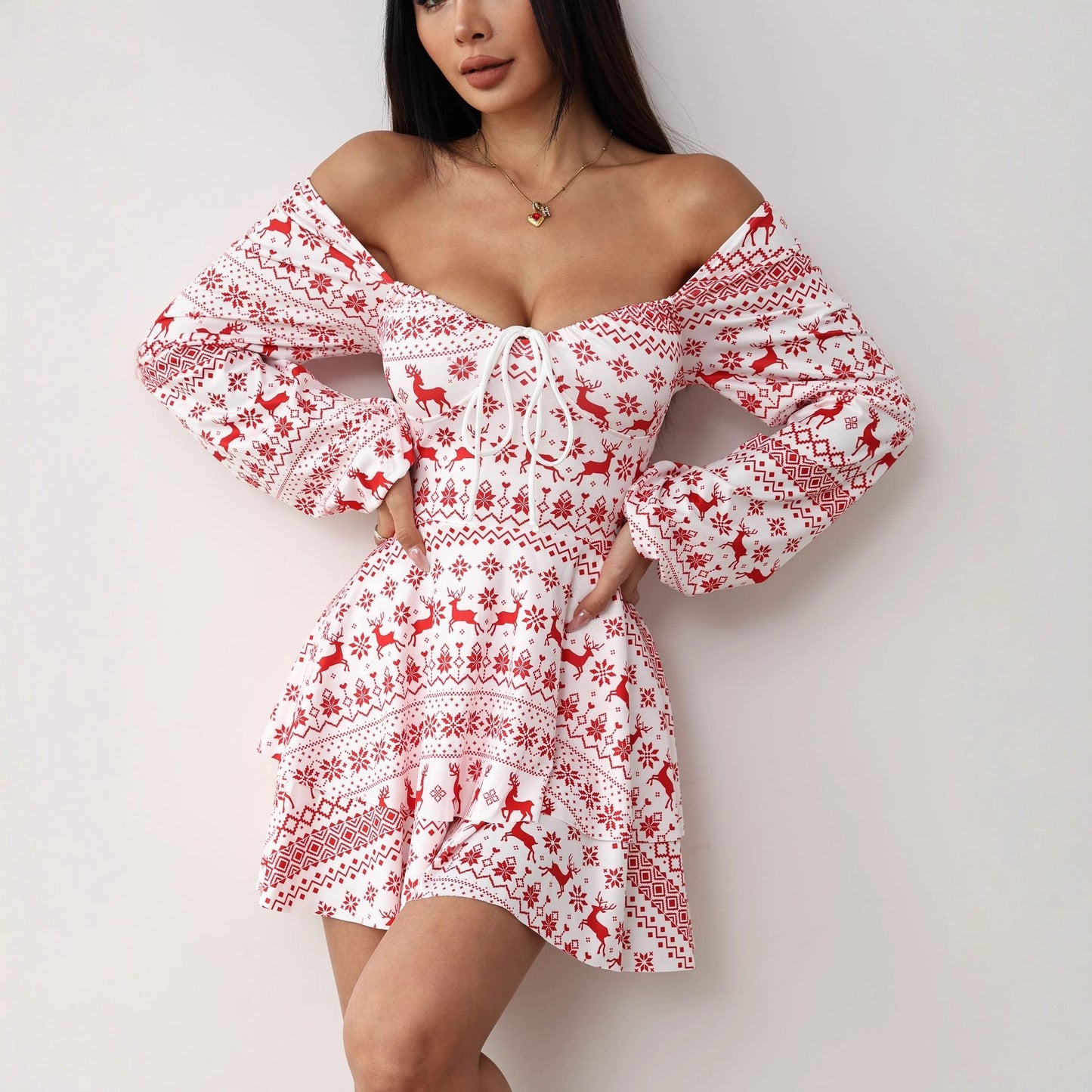 New Christmas Elk Printing Drawstring Backless Long Sleeves Dress