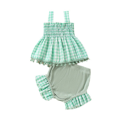 Baby Girl Cute Plaid Sling Half-length Lace Skirt Shorts Two-piece Suit