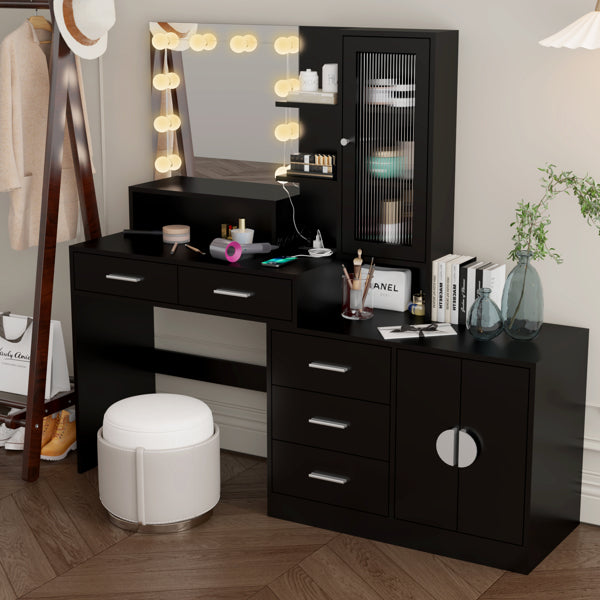 3-door, 4-drawer, Dressing Table, With Sockets, With Tri-tone Light Bulbs, With GRB Light Strip, Combination Cabinet