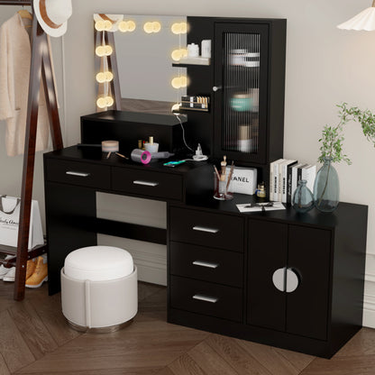 3-door, 4-drawer, Dressing Table, With Sockets, With Tri-tone Light Bulbs, With GRB Light Strip, Combination Cabinet