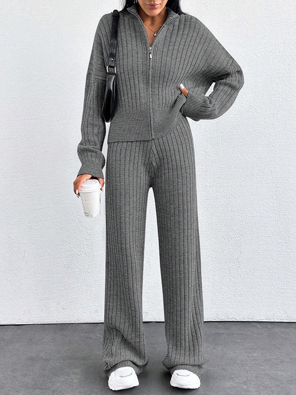 Autumn And Winter New European And American Women's Casual Loose Zip Top And Trousers Two-piece Set