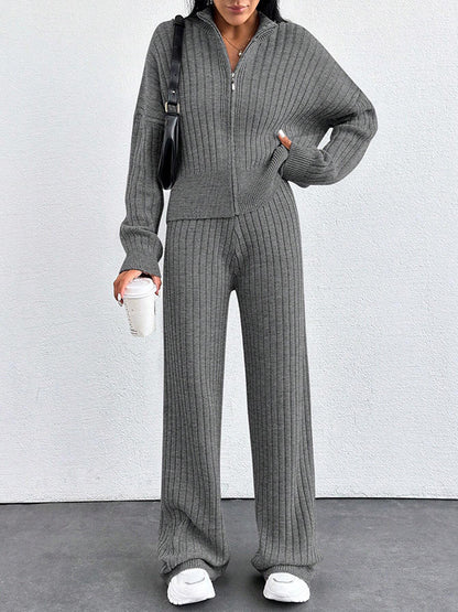 Autumn And Winter New European And American Women's Casual Loose Zip Top And Trousers Two-piece Set