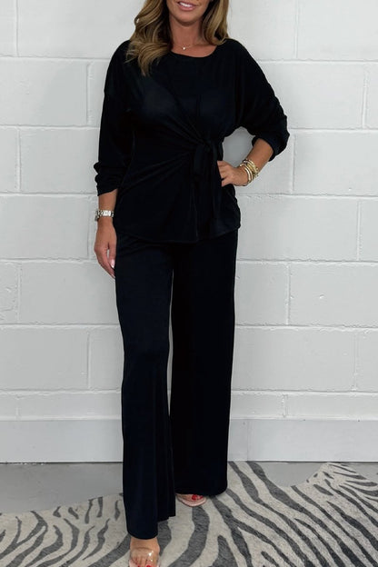 Amazon Europe And America Cross Border 2024 Fall Women's Clothing Solid Color Casual Fashion Lace-up Long Sleeve Top And Trousers Suit