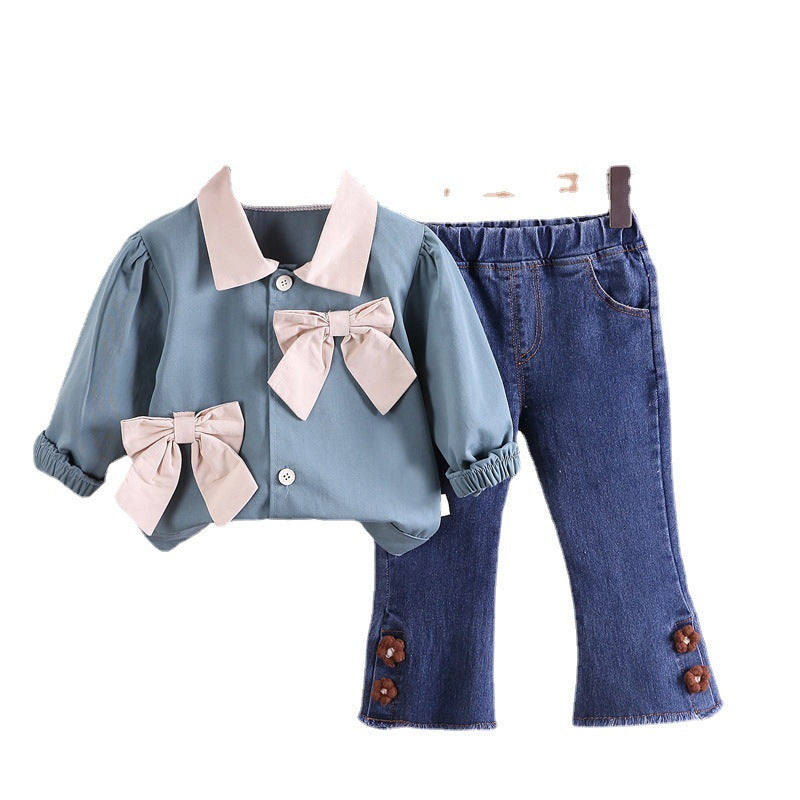 Lapel Long Sleeve Shirt Western Style Skinny Jeans Two-piece Set