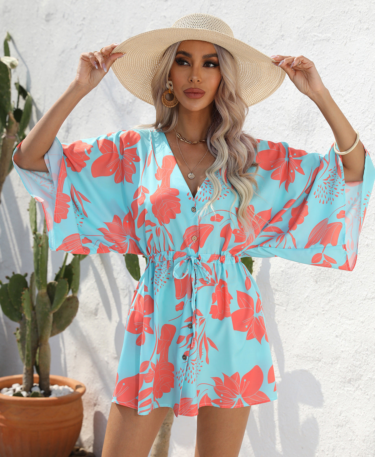Women's Summer Leaf Print Half-length Sleeve Dress