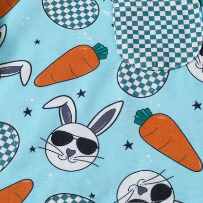 Rabbit Carrot Printed Plaid Pocket Short Sleeve