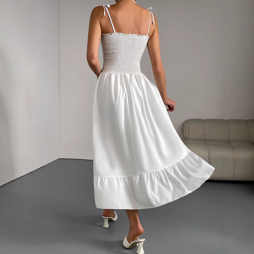 White Suspender Sleeveless Pleated Irregular Long Dress